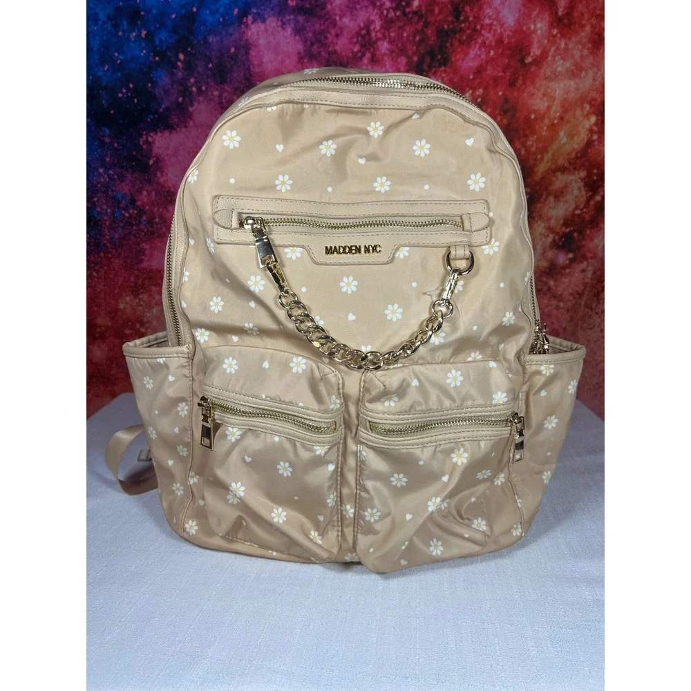 Madden NYC Tan Daisy Heart Print Nylon Backpack Gold Chain Detail Floral Bag